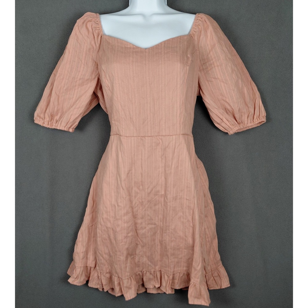 Womens L‎ Pink Textured Stripe Sweetheart Neck Puff Sleeve Ruffle Hem Mini Dress